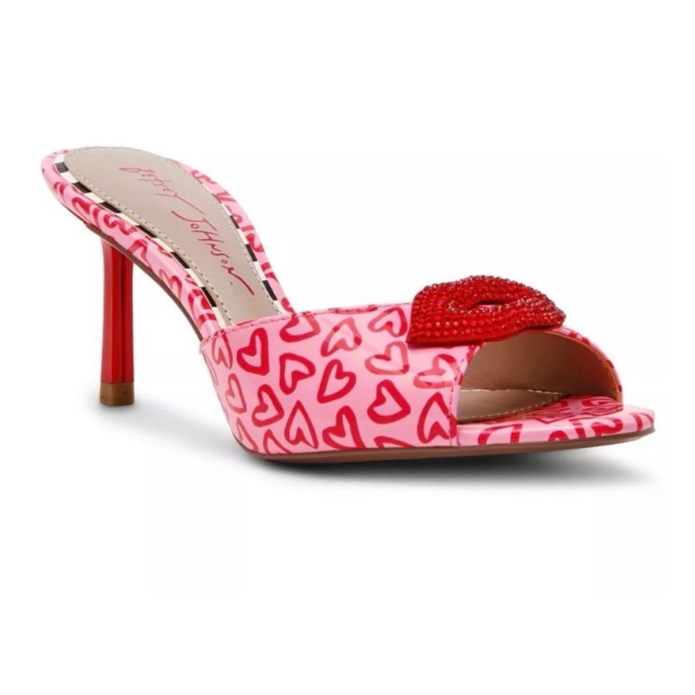 Betsey Johnson Pink and Red Heart-Print Open-Toe Mule
